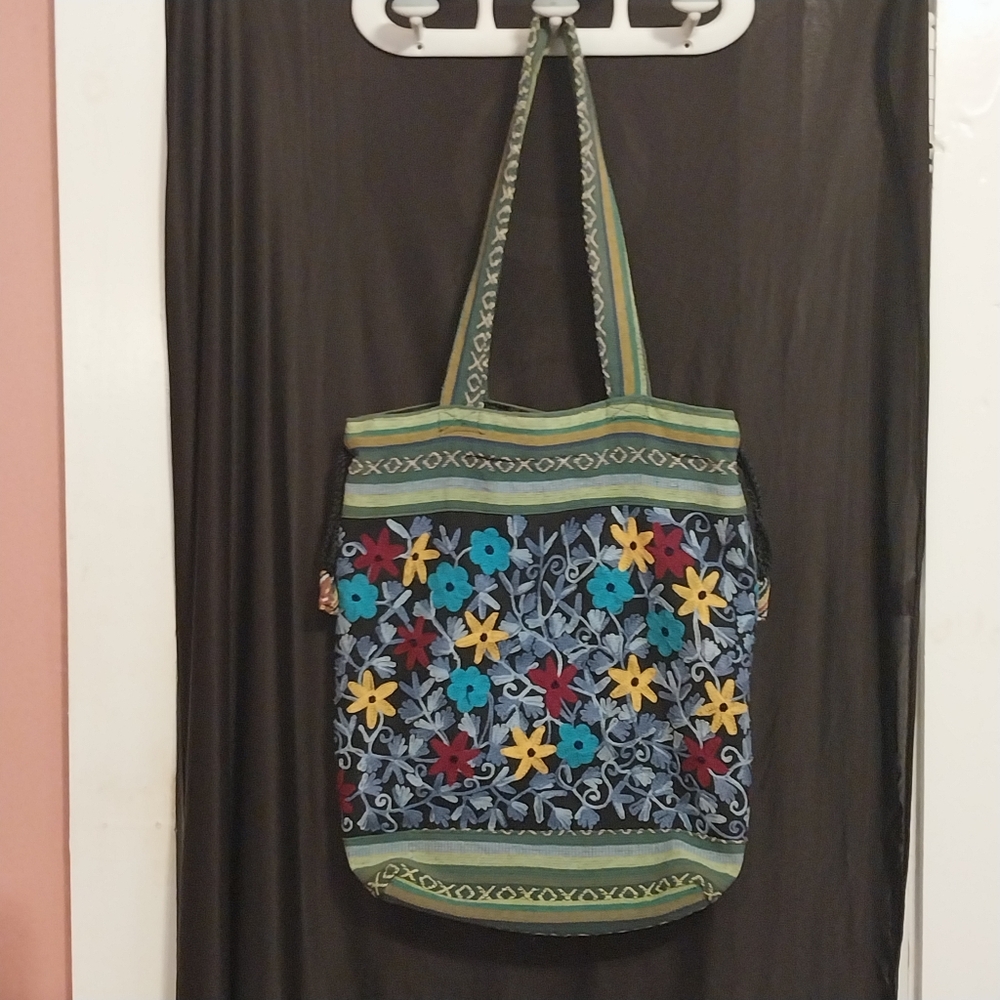 Embroidered Floral Handbag Purse 100% Cotton Boho Hippie Nepal